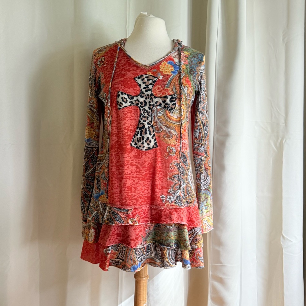 Orange multi-coloured paisley cross top with hoodie and ruffle hem